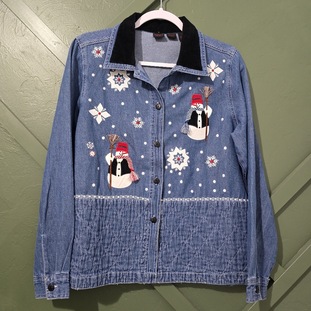 Vintage Quizz Again & Co Embroidered Denim Jacket with Snowman Design‎ Small